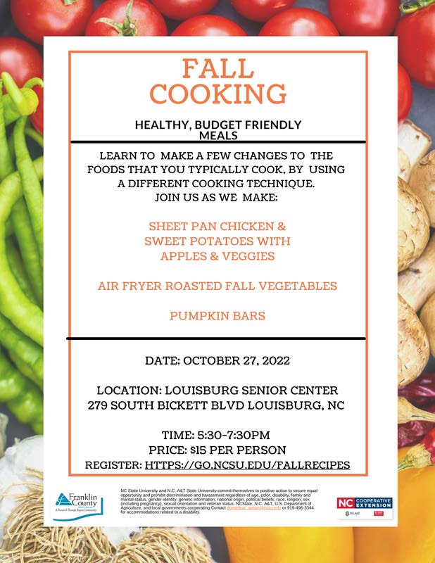 Fall Cooking Class flyer with class informatin on a vegetable background