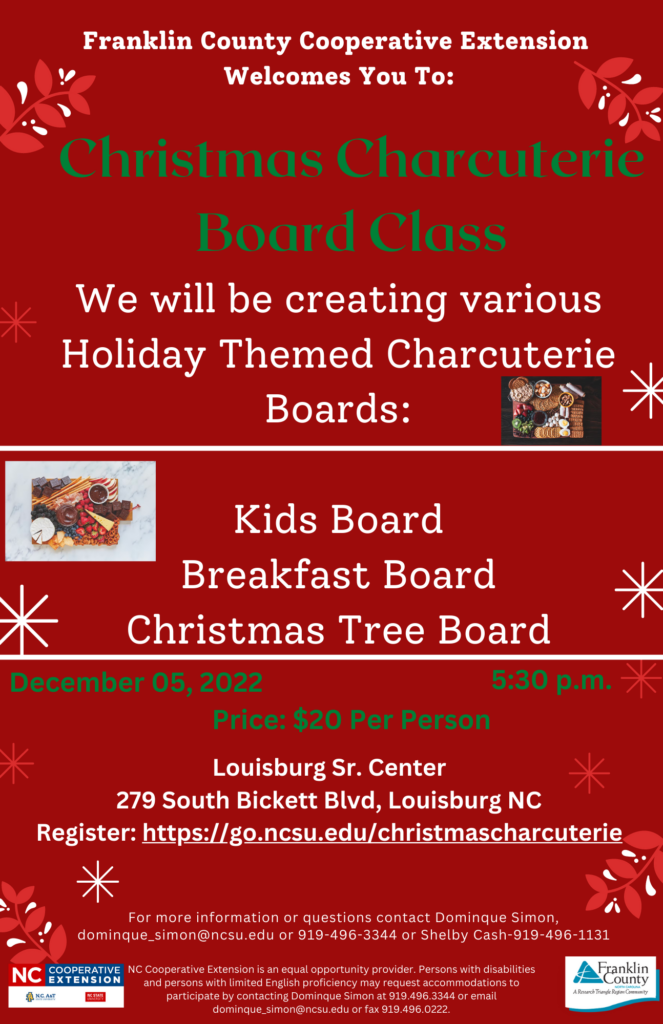 Christmas Charcuterie Board Class date, location time and registration flyer