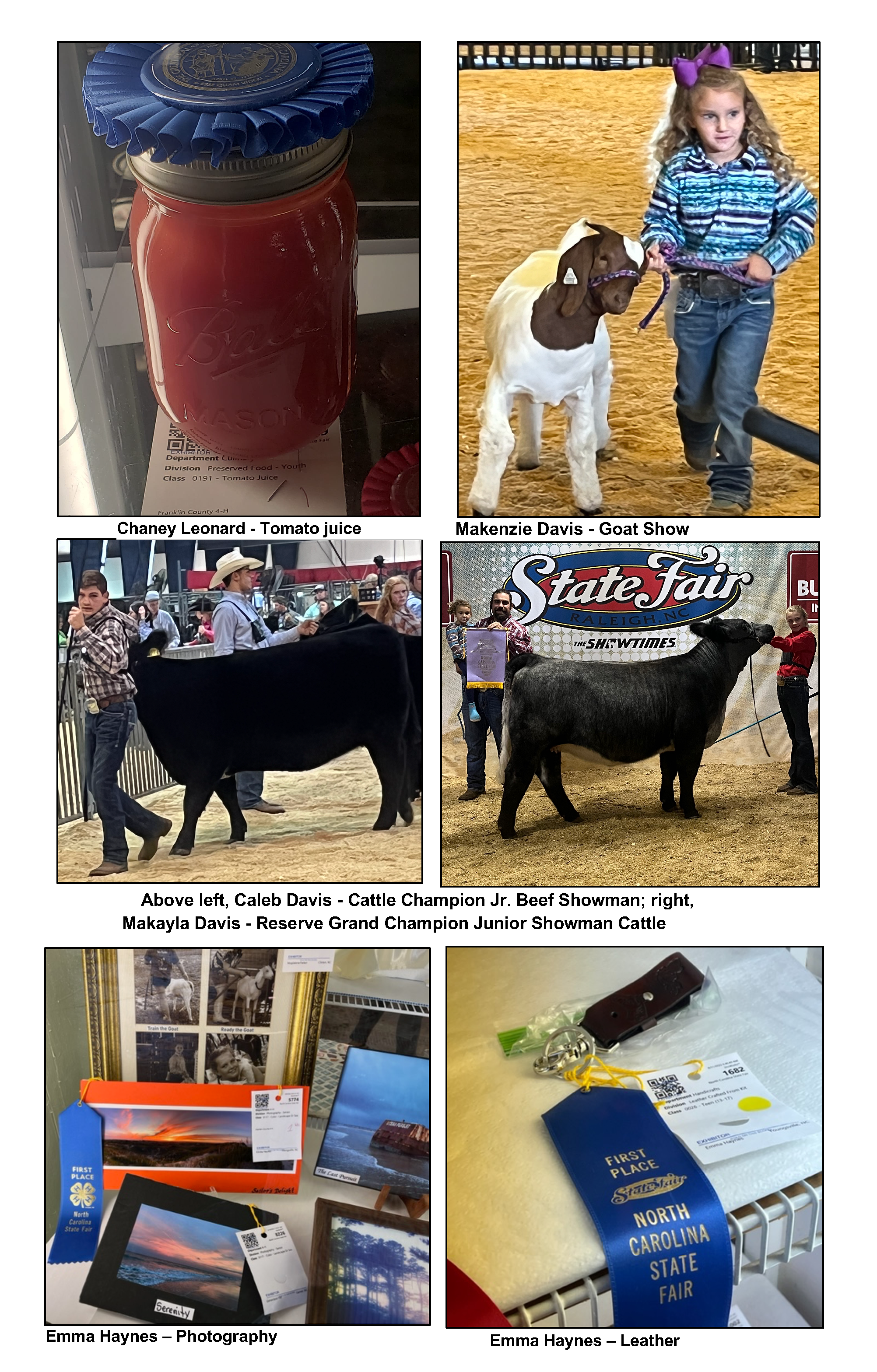 4-H youth pictured with their winning entries in the NC State Fair competitions
