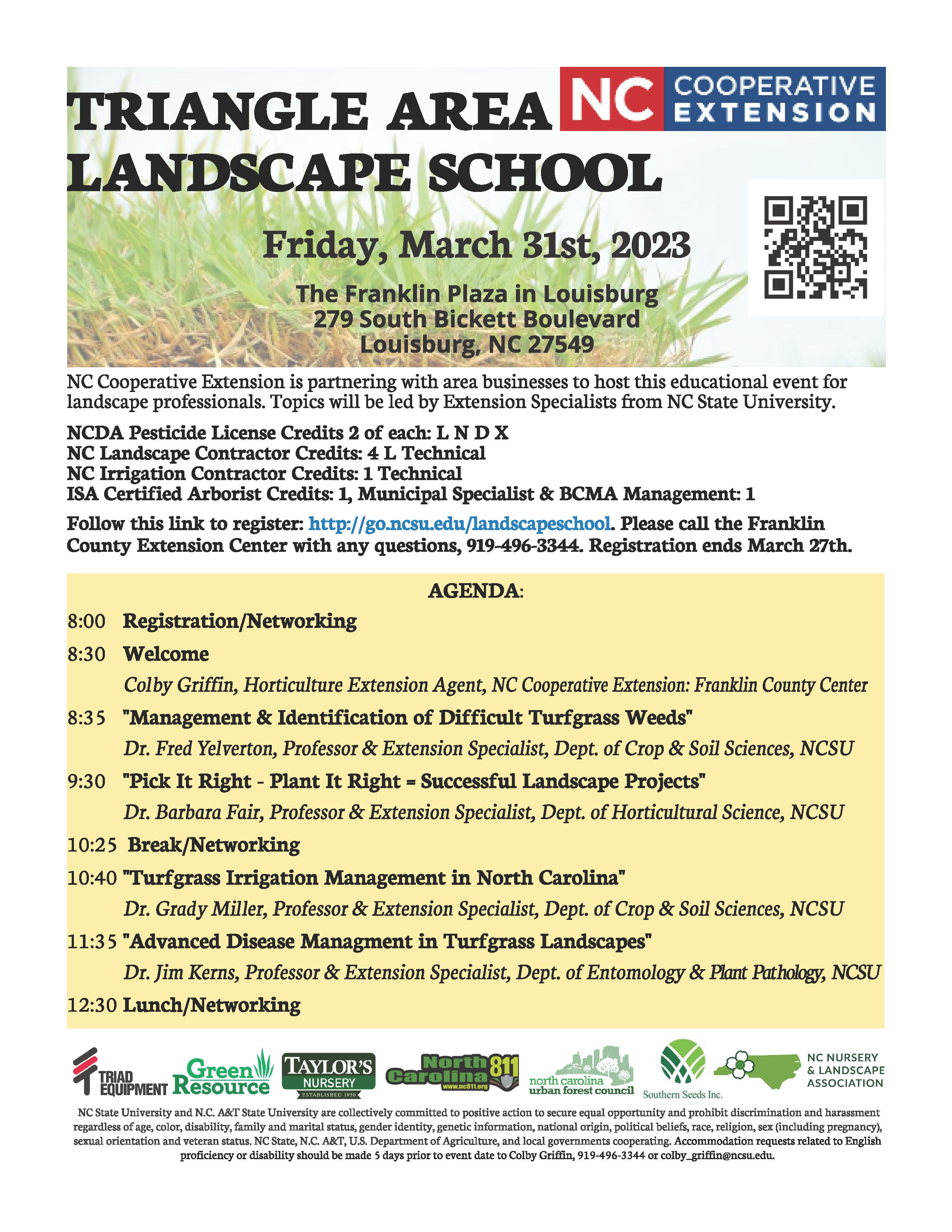 Triangle Area Landscape School flyer, registration info., dates, time and location grass background heading