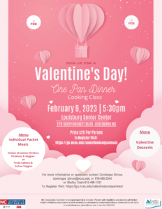 Valentines Day pink background1-Pan Dinner Cooking Class flyer with date, time and registration information.
