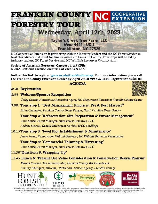 Franklin County Forestry Tour flyer with date, time location credits and agenda