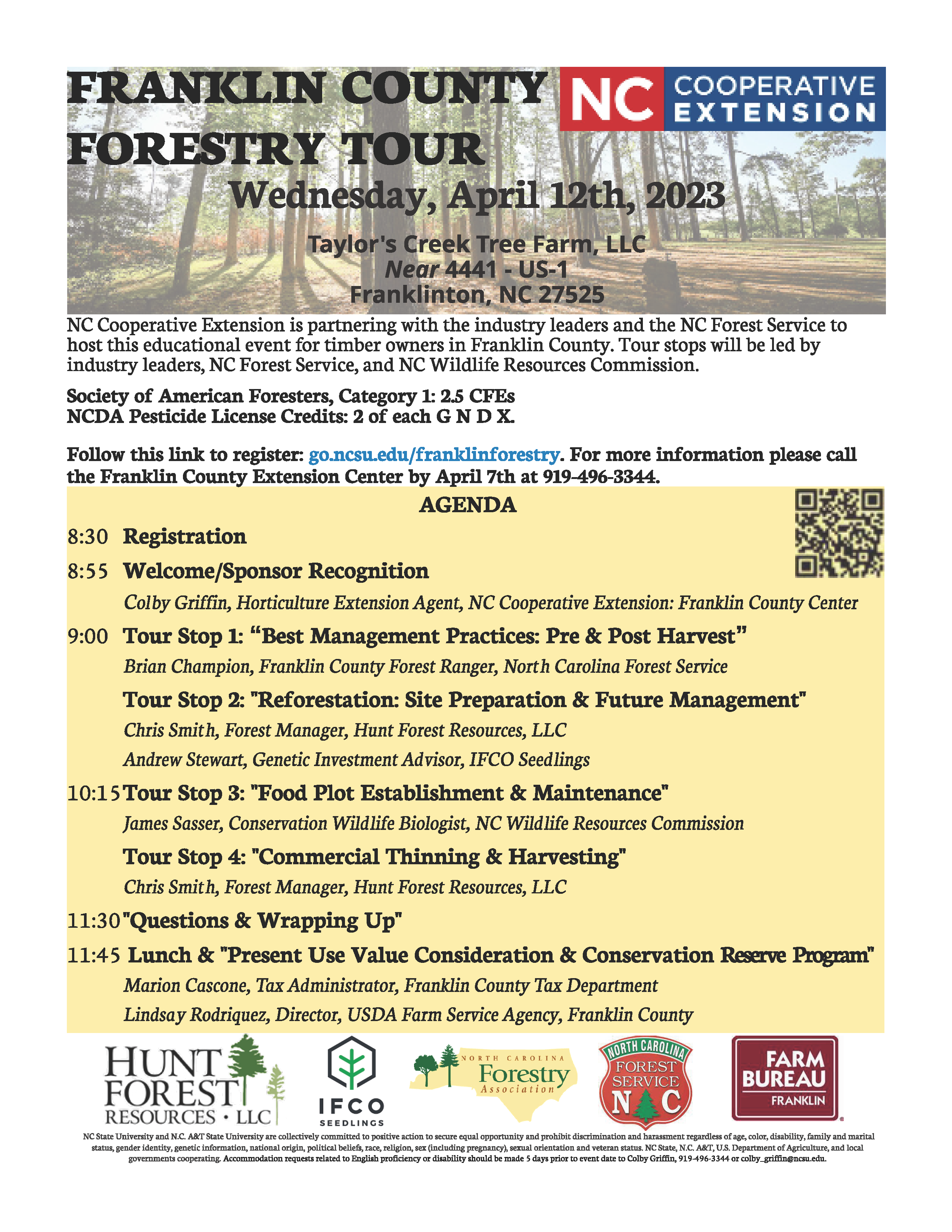 Franklin County Forestry Tour flyer with date, location registration and info.