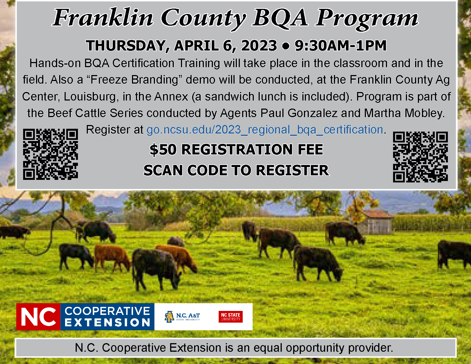 Franklin County BQA Program flyer Thursday, April 6 and registration info., flyer with cows in pasture background.