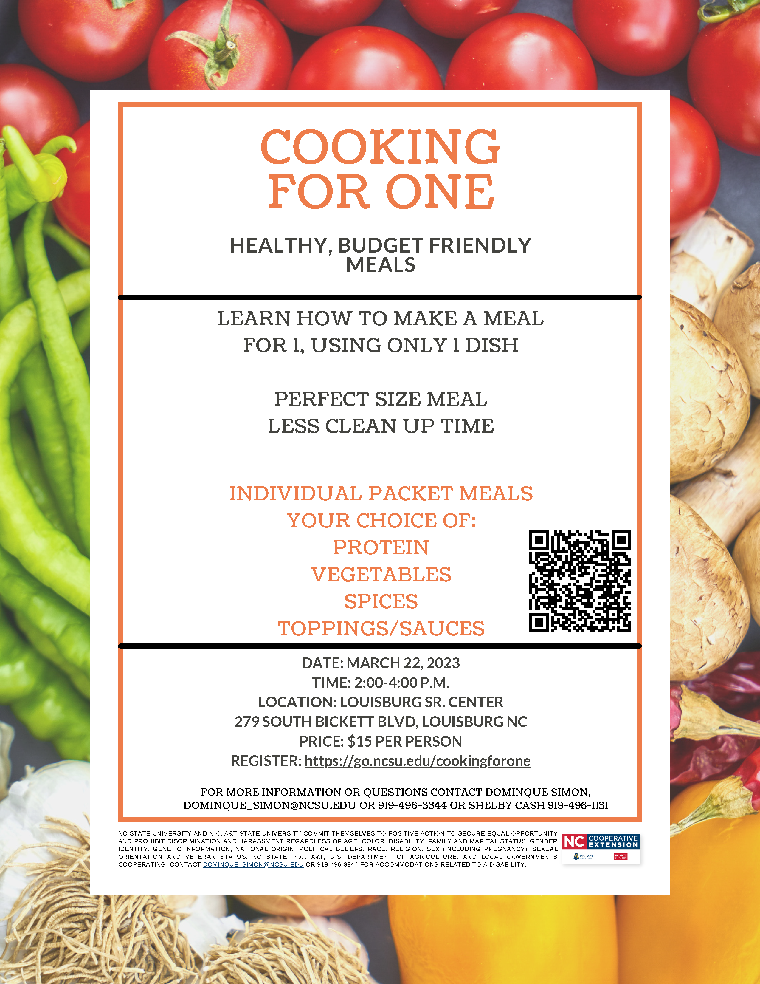 Cooking for One Cooking Class flyer with registration, date, time and location info.