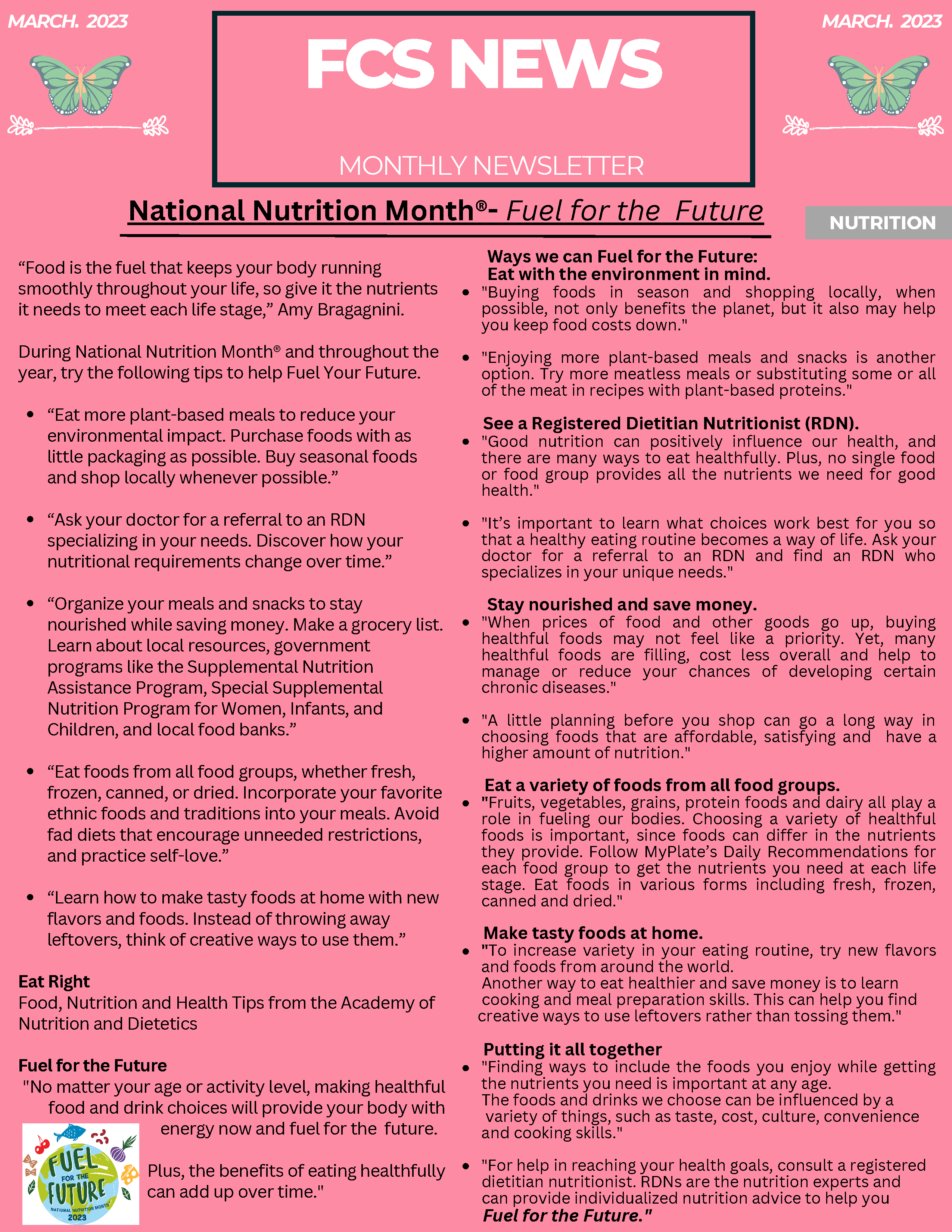 FCS News Monthly Newsletter National Nutrition Month page 1