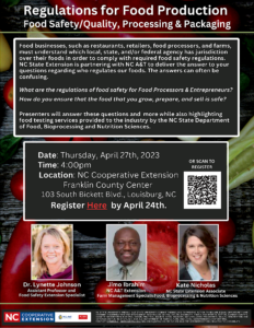 Food Safety Regulations for Food Production flyer with date, time, registration info and images of presenters, Lynette, Jimo and Kate