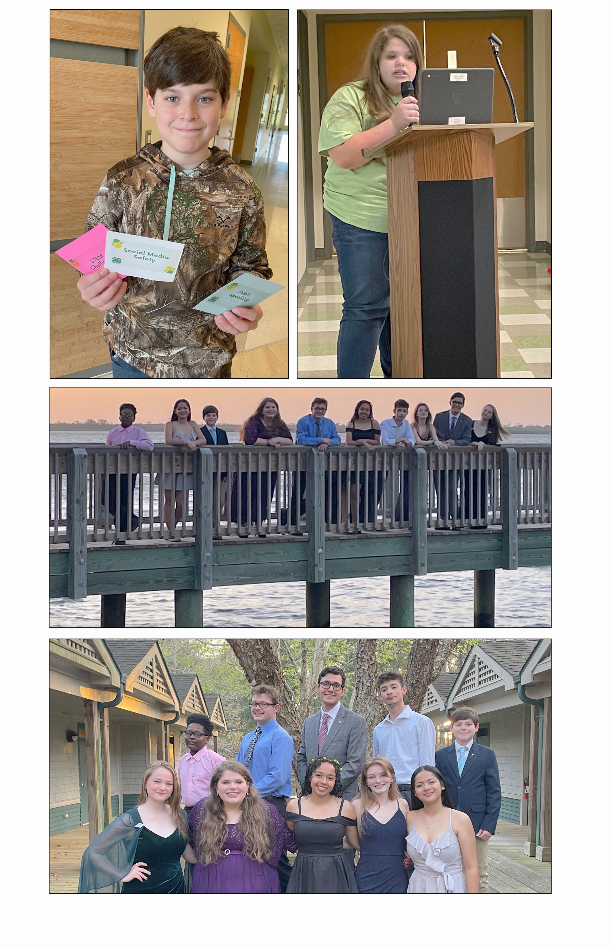 Teen Retreat participants from left: top, Ayden Wyatt with his workshop choices; right, Meredith Potter as Northeast District President running the business meeting; On the dock, from left to right: Spencer Perry, Sophia Bobbitt, Ayden Wyatt, Meredith Potter, Bryson Freed, Mia Clark, Harold Diaz-Rodriguez, Tia Iversen, Lance Williams, and Emma Haynes; Back Row L to R: Spencer Perry, Bryson Freed, Lance Williams, Harold Diaz-Rodriguez, and Ayden Wyatt Front Row L to R: Emma Haynes, Meredith Potter, Mia Clark, Tia Iversen, and Sophia Bobbitt; dressed for the banquet:Back Row L to R: Spencer Perry, Bryson Freed, Lance Williams, Harold Diaz-Rodriguez, and Ayden Wyatt Front Row L to R: Emma Haynes, Meredith Potter, Mia Clark, Tia Iversen, and Sophia Bobbitt.