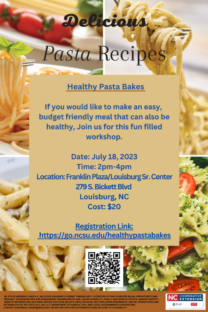 Healthy Pasta Bakes Cooking Class informational flyer, delicious pasta recipes background.