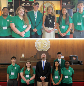 Citizenship North Carolina Focus participants. Pictured (from left) above: Kennedy Perry, Meredith Potter, Lance Williams, Senator Lisa Barnes, Sophia Bobbitt, and Harold Diaz-Rodriguez; below: Harold Diaz-Rodriguez, Meredith Potter, Representative Matt Winslow, Sophia Bobbitt, Lance Williams, and Kennedy Perry.