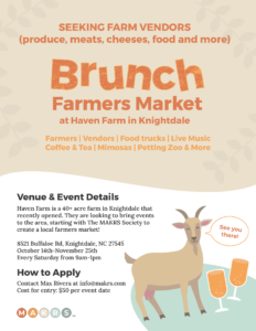 Brunch Farmers Market Seeking Farm Vendors for Brunch Farmers Market at Haven Farm in Knightdale flyer with dates, time, location and info.