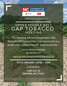 Upper Middle Belt Tobacco GAP Meeting Flyer meeting registration information date, time, location image of a tobacco field background