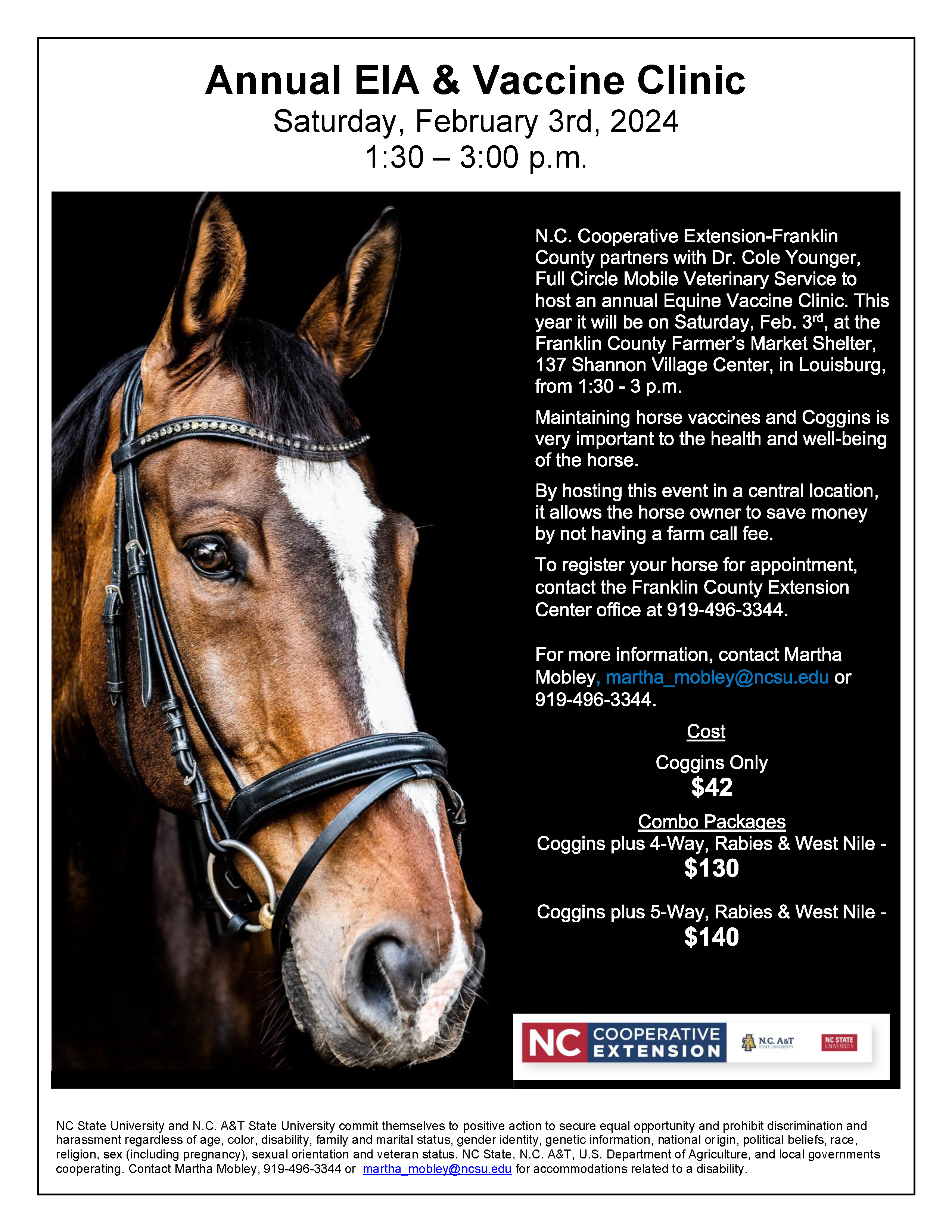 2024 Horse EIA-Coggins Clinic flyer with registration info., date, time, prices head shot image of a black horse wearing a bridle