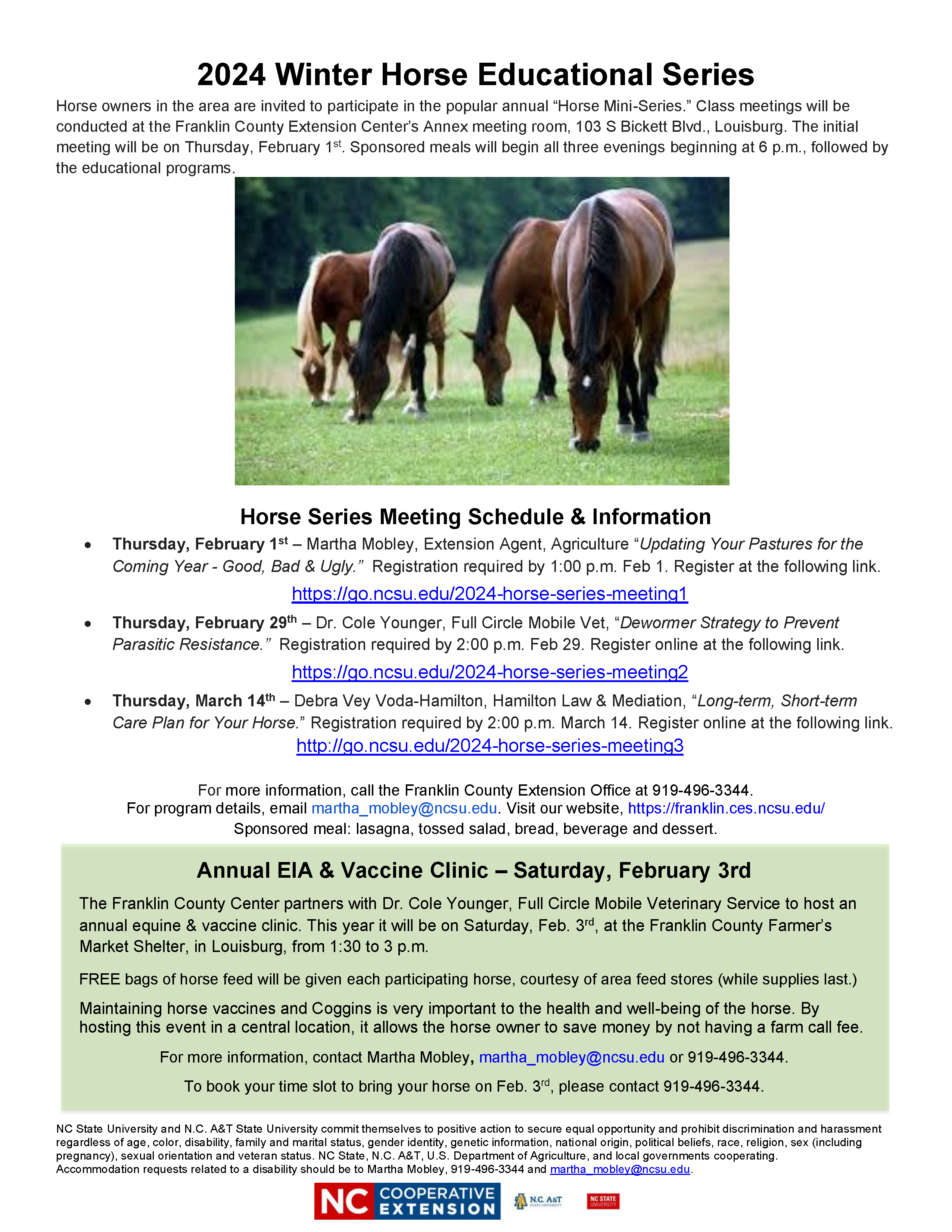2024 Winter Horse Meeting Series and Coggins EIA clinic schedule, registration info, date, time, location, image of horses in pasture