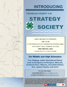 Strategy Society 4-H Club Flyer with meeting itime and description, dates, volunteer and agent contact info.