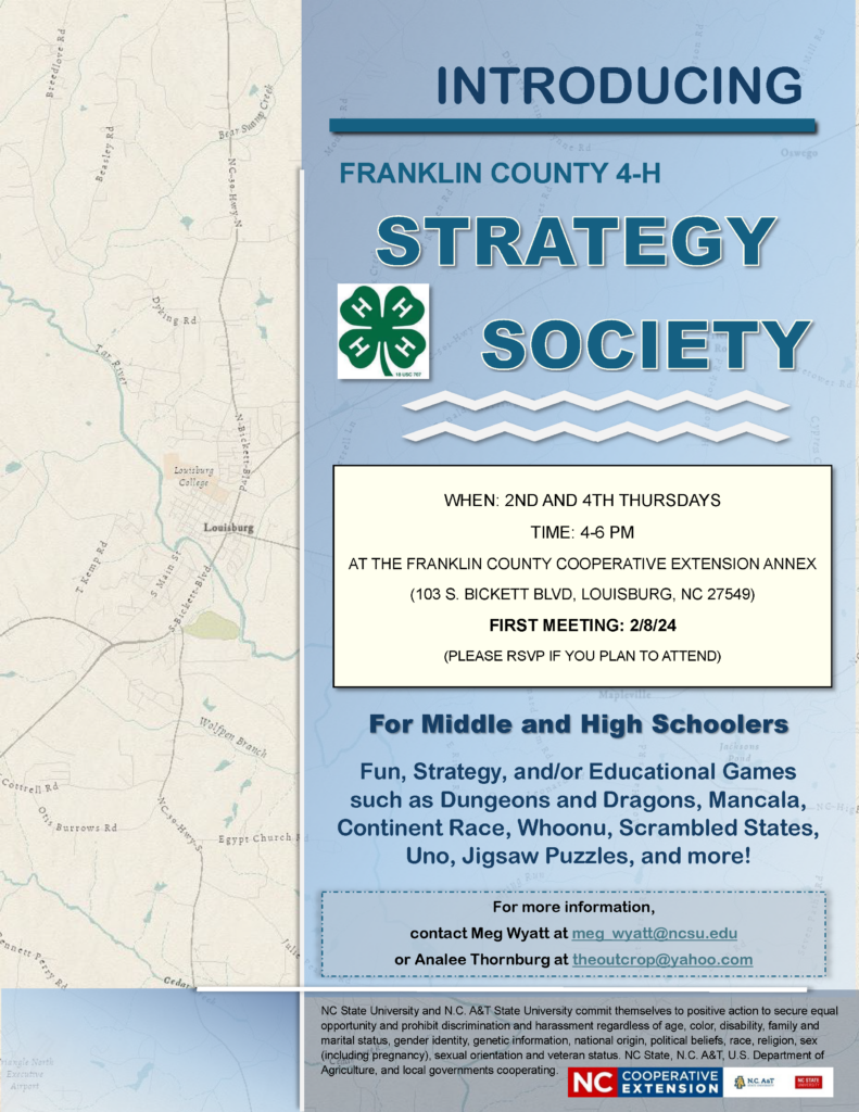 Strategy Society 4-H Club Flyer with meeting itime and description, dates, volunteer and agent contact info.
