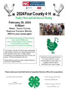 2024 Poultry Show and Sale Interest Meeting flyer date, time, agent contact info. and location with images of chickens