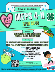 Franklin County 4-H & Family Consumer Science MEPS 4-H Spin Club flyer with Dates, location, time, registration details