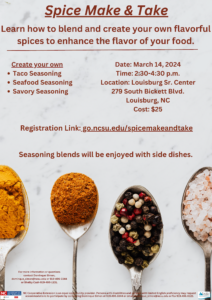 Spoonfuls of spices flyer informational with date, time, location and registration info.