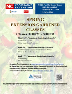 Spring 2024 Extension Gardener Classes flyer description, time, location, date, registration info with a tomato plant in background
