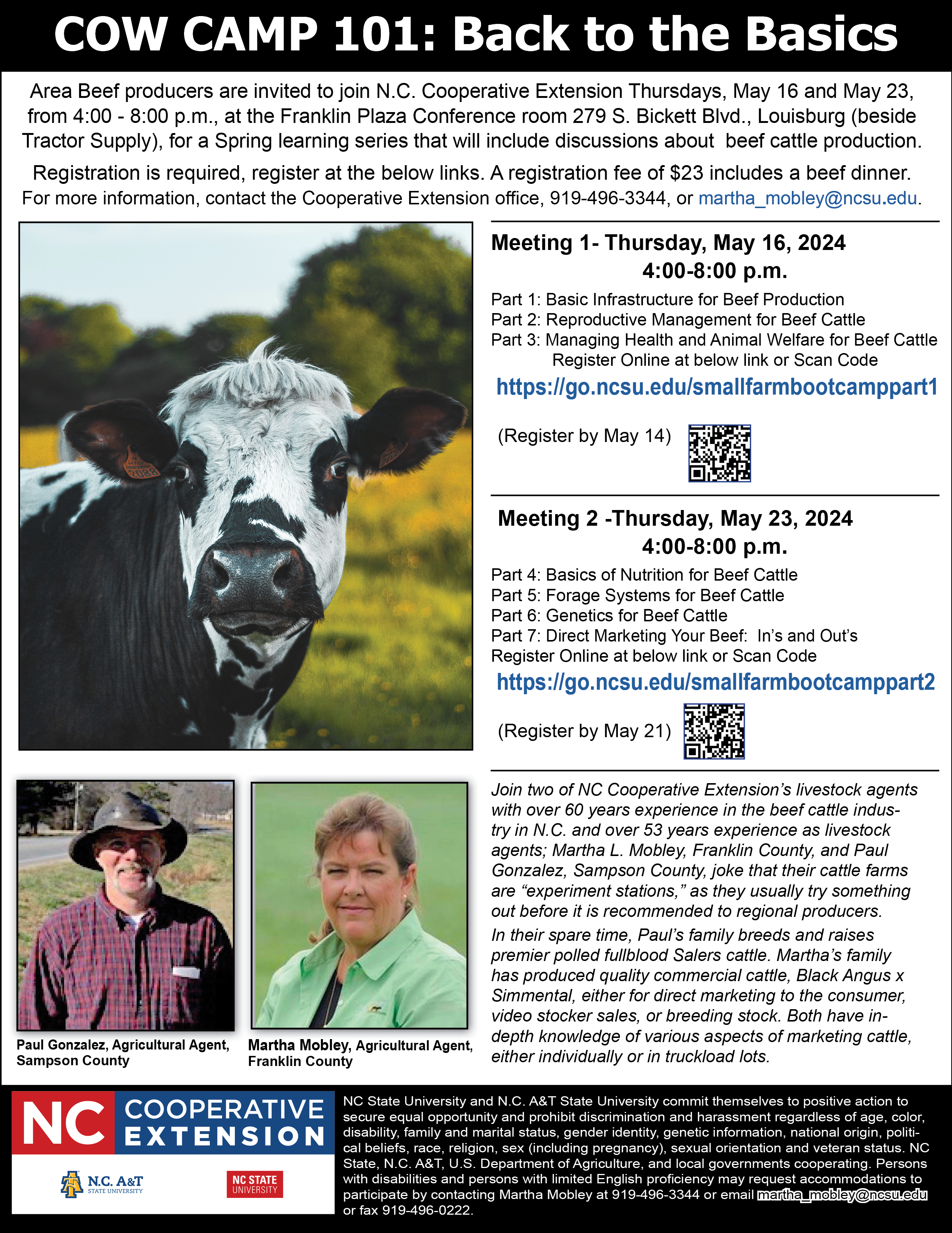 Cow Camp 101 meeting series flyer with description, dates, times, ag agents, and venue info.