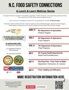 N.C. Food Safety Connections Webinar Series flier meeting time, meeting dates, registration information, topics