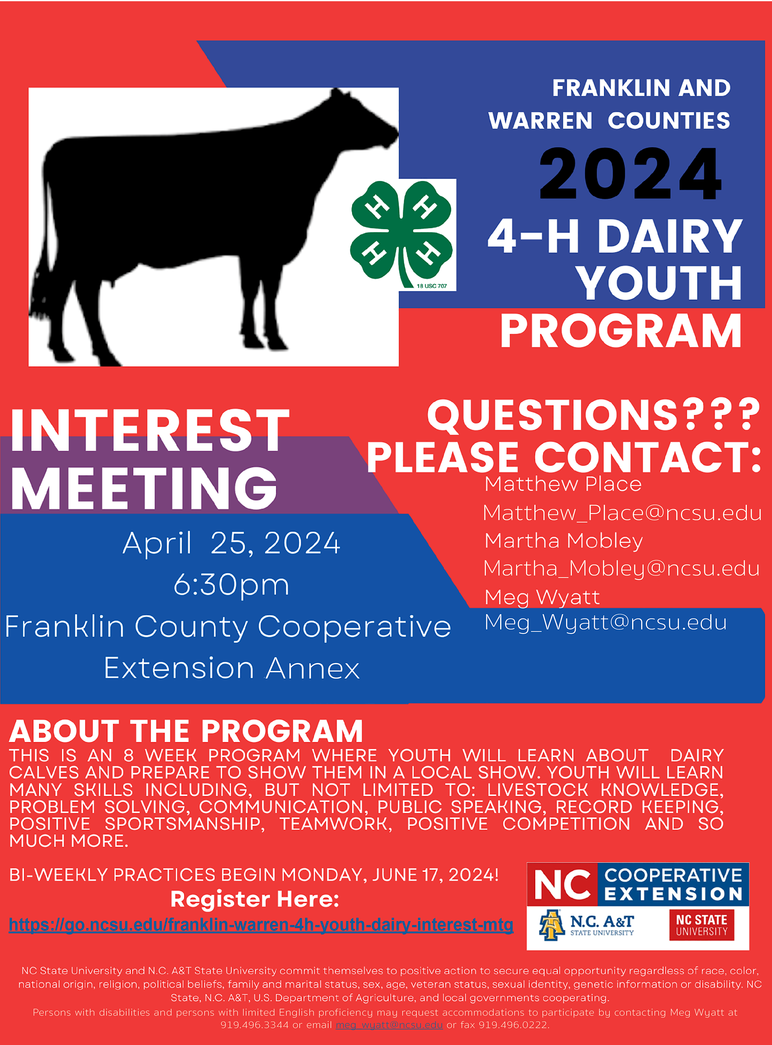 Franklin and Warren Dairy Youth Program flier interest meeting informational with location, date, time, registration info.