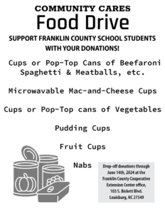 Community Cares Food Drive flier donations request and donation drop-off location information
