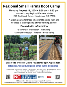 Regional Small Farms Boot Camp flier with date time registrations info and images of farmers gardening , a tractor and greenhouse