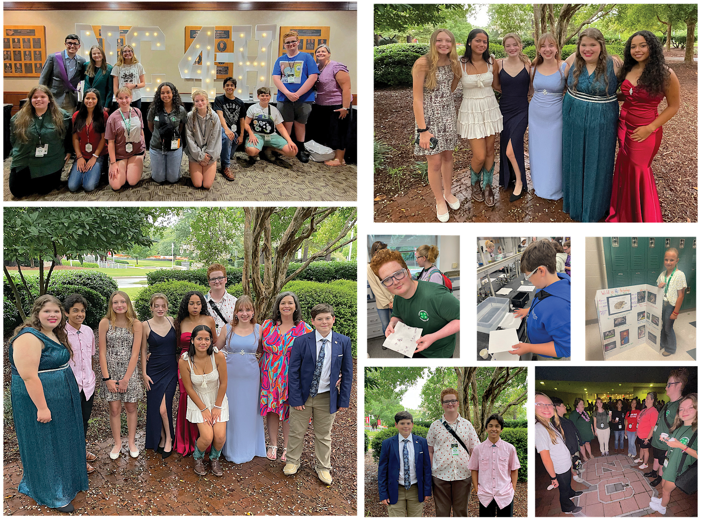 :Back row-Alumni Lance Williams, Emma Haynes, Layla Stoudemire, Kendal Thornburg, Meg Wyatt; Front row: Meredith Potter, Sophia Bobbitt, Holly Thornburg, Mia Clark, Tia Iversen, William Kozak and Ayden Wyatt; Girls Gala photo; middle row: Kendal making paper; Ayden Making Paper; Valerie Poole presentation; Bottom row:Gala photo-Group, girls and boys; Boys Gala photo; Candid shot of kids around NCSU symbol.