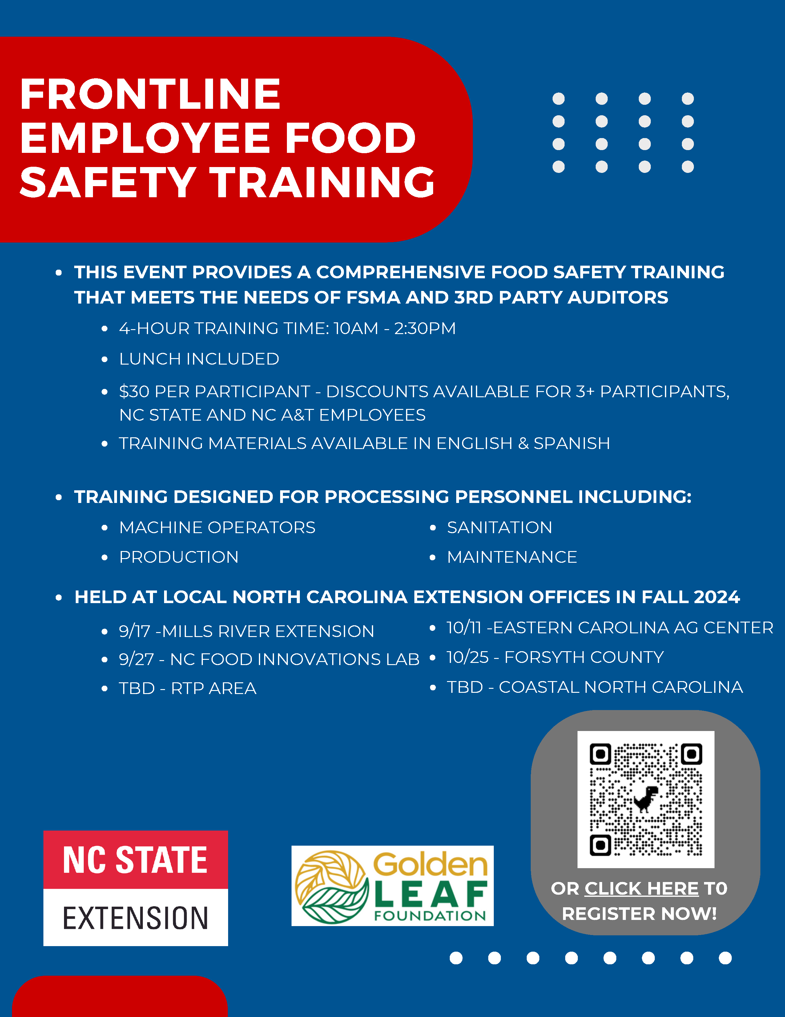 Frontline Food Safety Training Flyer description, dates/locations