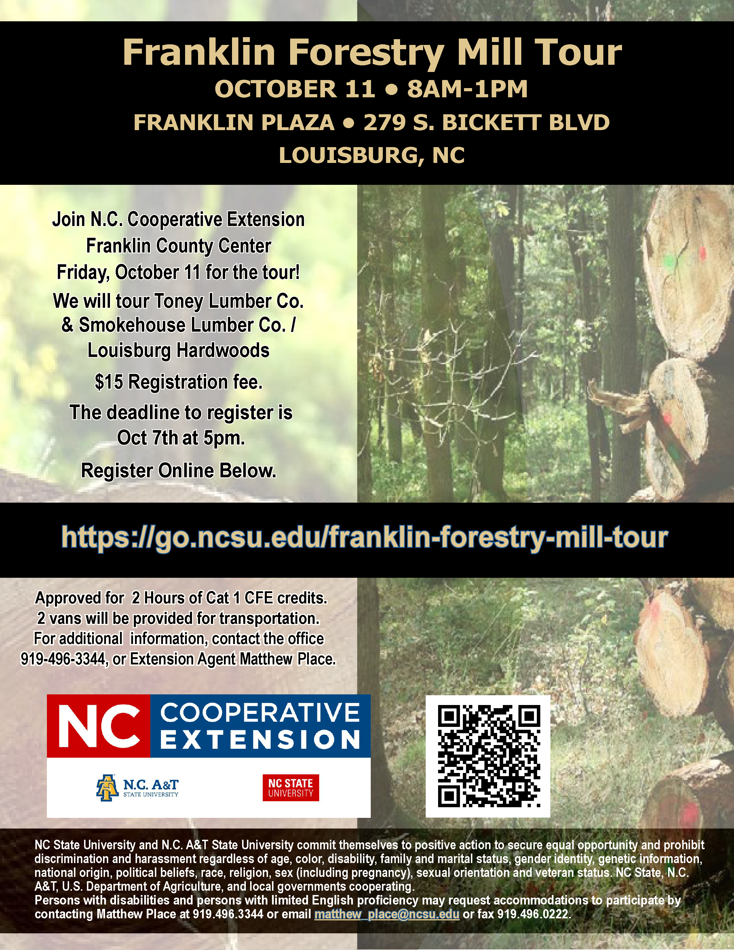 2024 Franklin Forestry Mill Tour Flyer, date, time registration info and forest with cut timber in background