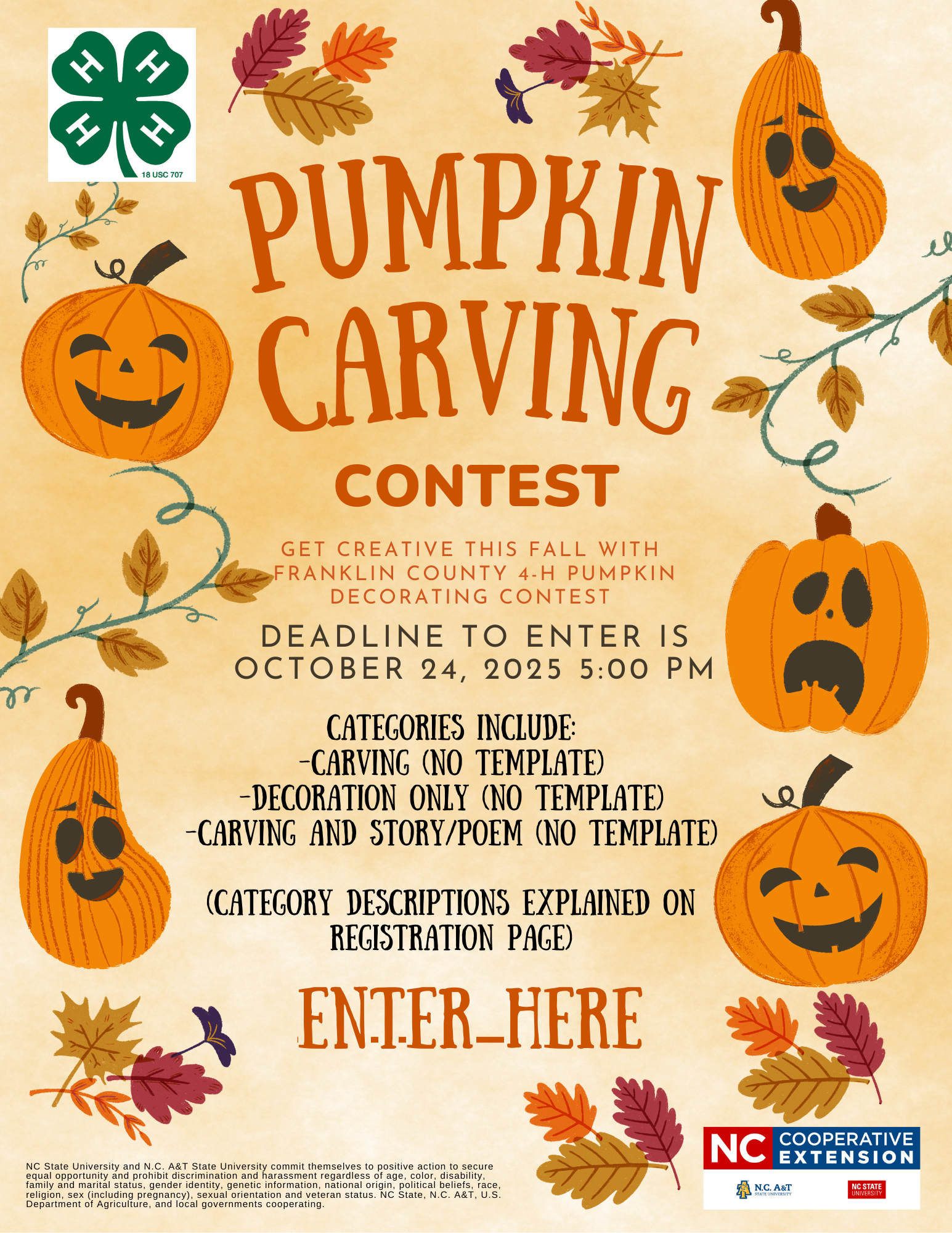 2025 Franklin County 4-H Pumpkin Contest Flyer on a Fall pumpkin decorated background