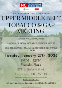 Upper Middle Belt Tobacco & GAP Meeting flyer date, time, location and registration info on a tobacco field background