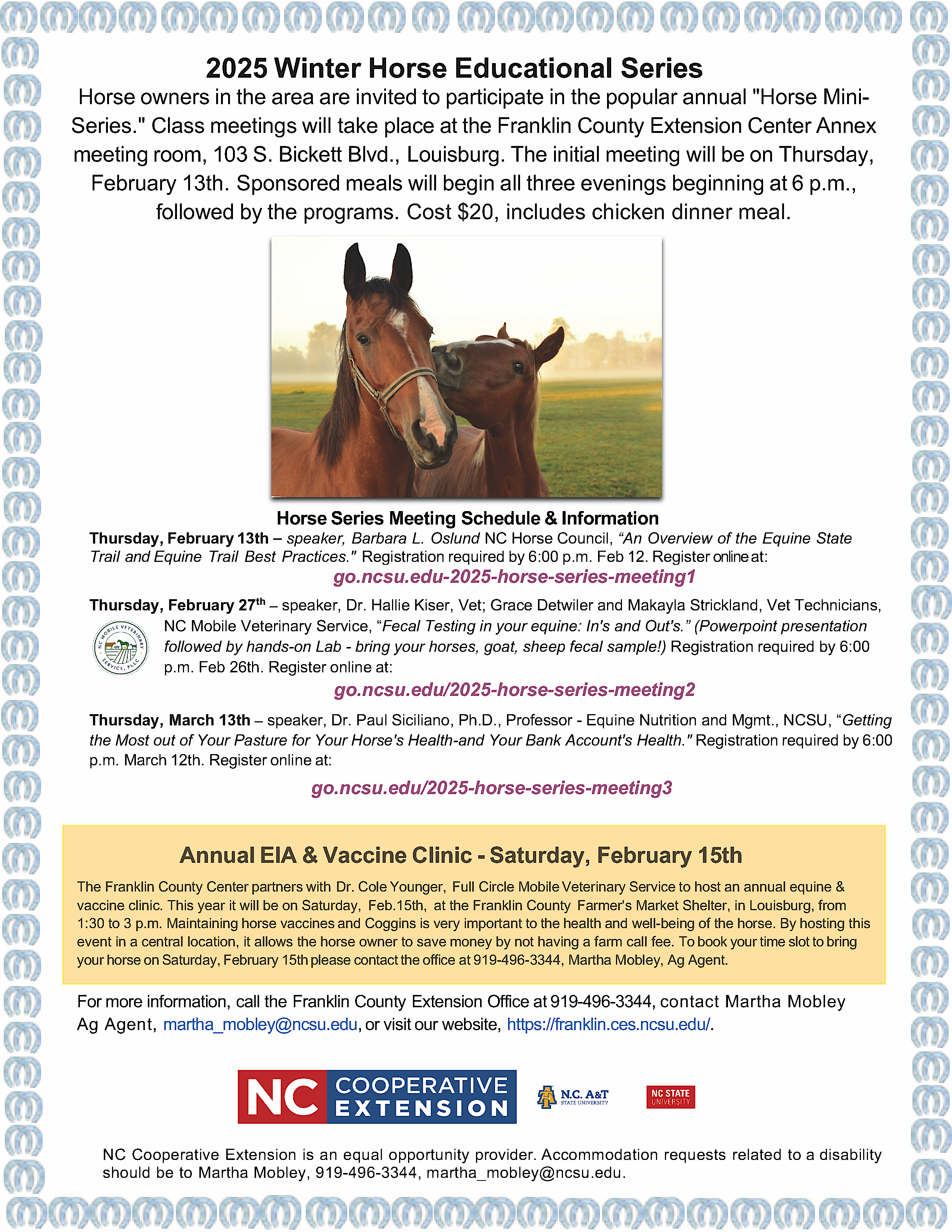 2025 Winter Horse Educational Series flyer dates, time, lofation and registration information with image of horses in a field