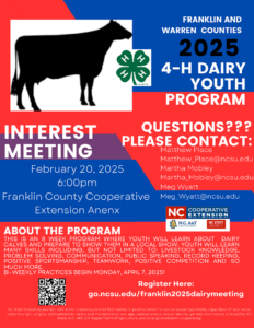 Franklin and Warren Dairy Youth Program flyer with date, time, location, registration info and image of a cow