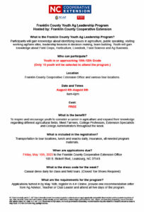 Franklin County Youth Ag Leadership Program application pg1, date time, location and application info.