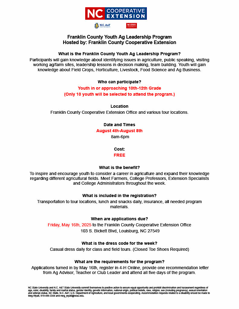Franklin County Youth Ag Leadership Program application pg1, date time, location and application info.