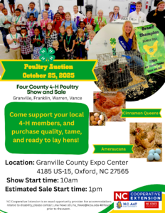 Four County 4-H Poultry Show flier date, times locations and images of Cinnamon Queens and Ameraucana breeds.