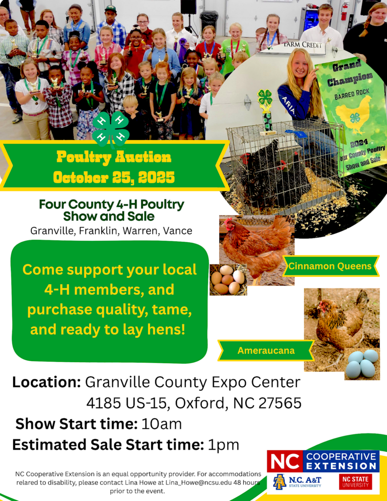 Four County 4-H Poultry Show flier date, times locations and images of Cinnamon Queens and Ameraucana breeds.