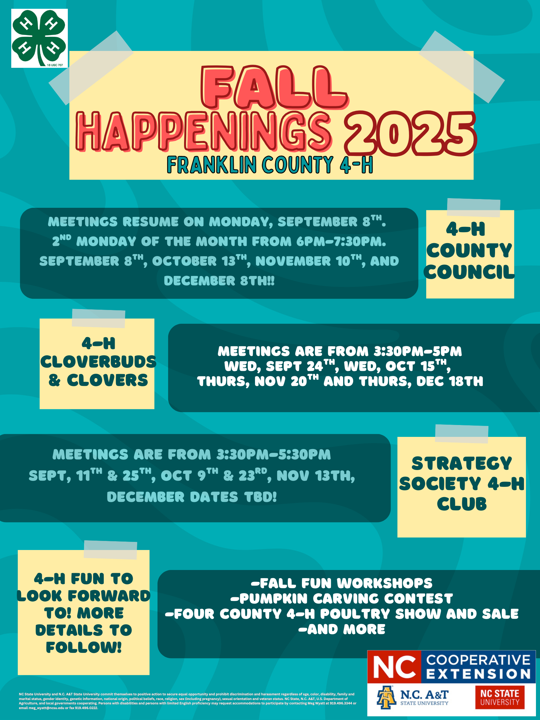 Franklin County 4-H Fall Happenings flyer, dats, tims and meeting locations
