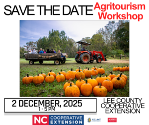 Tractor pulling wagon in front of pumpkin patch. With text repeating Save the Date information.