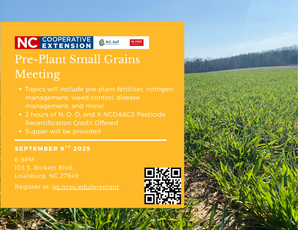 Pre-Plant Small Grains Meeting flyer date, time, location and regitration info with image of field in background
