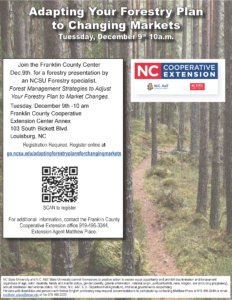 2025 Adapting Your Forestry Plan to Changing Markets date, time, location, registration info on forest backgroundflyer