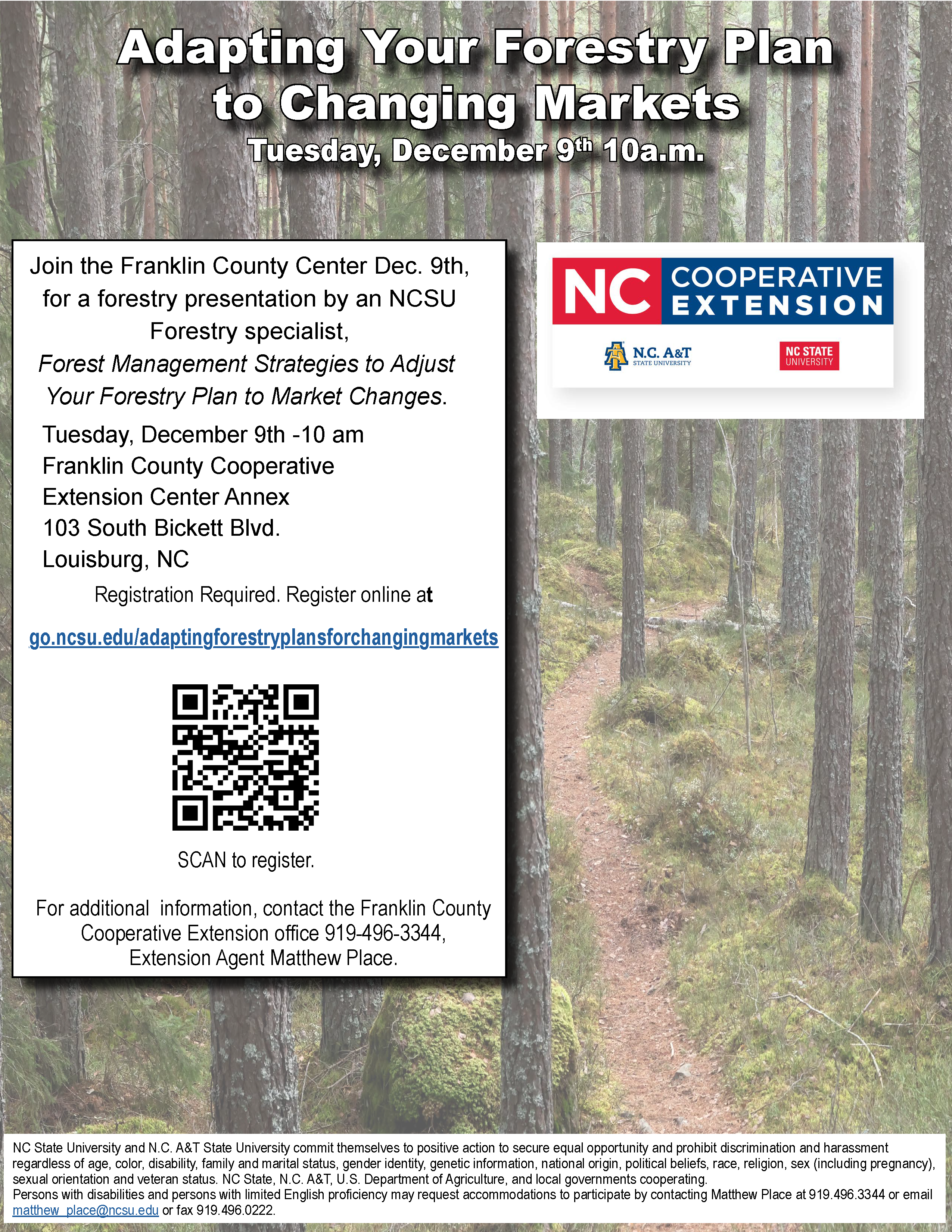 2025 Adapting Your Forestry Plan to Changing Markets flyer dtae, time, location, registration info.