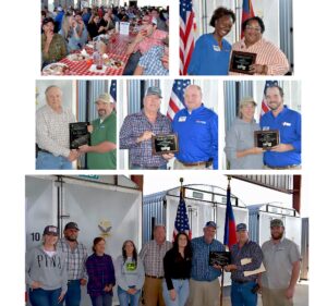 Farm-Citv luncheon narticinating in Anne Crunch Dav: FCs Fxtension Agent Domingue Simon with Volunteer of the Year for Familv and Consumer Sciences. Tomeka Sidherrv. Pre-K/Refore and After Care Program Specialist. Franklin Count Schools: middle row: Conservationist of the Year Rand Thomas. of Bute Farms LLC with Soil and Water Director Quinton Cooper: Volunteer of the Year for Agriculture Brent Strickland-Agricultural Advisor Board Chair with Cooperative Extension Director Charles Mitchell: Friends of Extension Award recipient Lisa Rhea, of Shocco Creek Ranch with Matthew Place, bottom row. David Smith of Smith Farm with his familv and Ad Board members received the Enduring Farmer Award