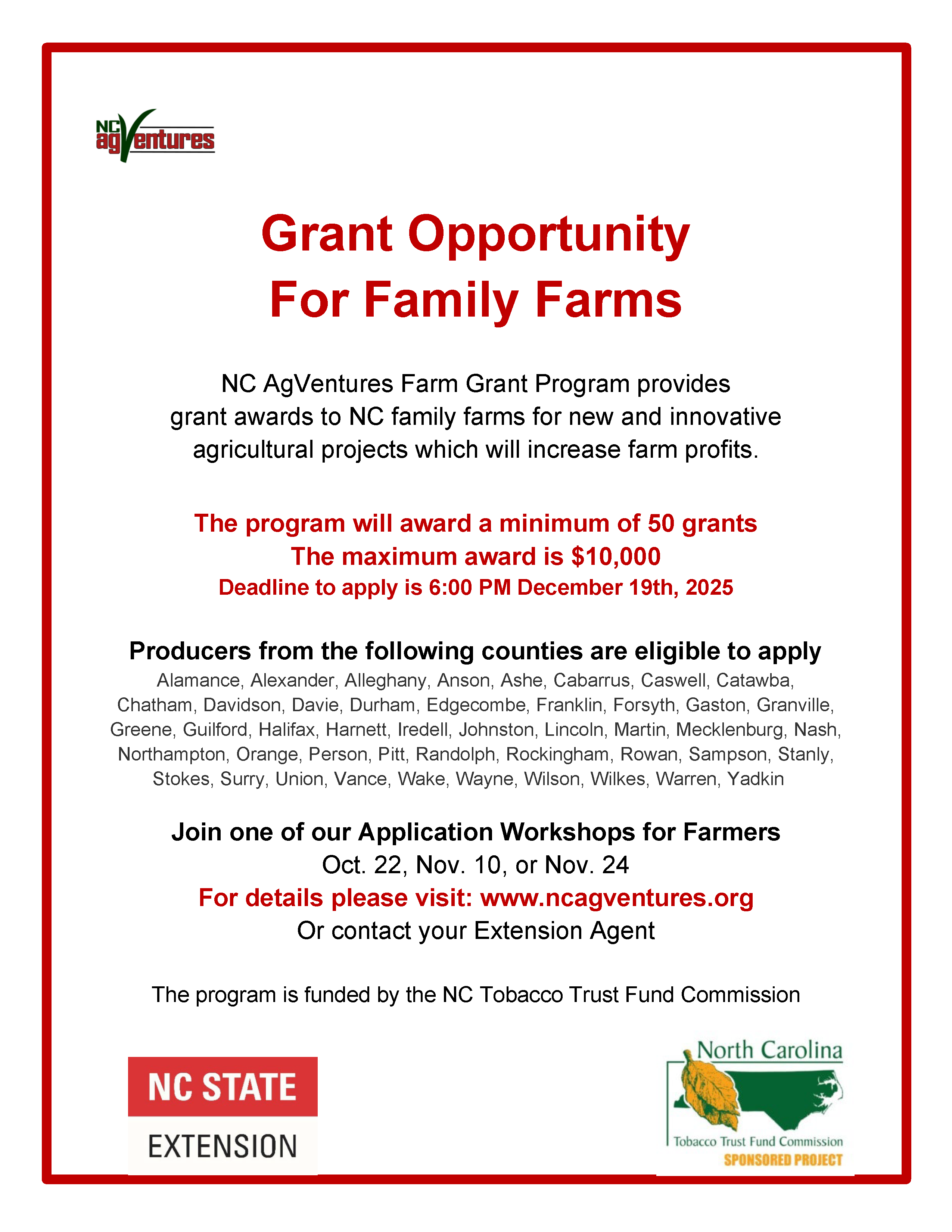 NC AgVentures Grant Opportunity For Family Farms flyer with application details 