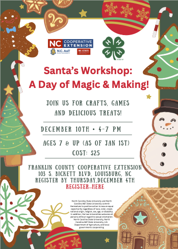 Santa's Workshop informational flyer with date, time registration info.