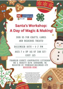 Santa's Workshop informational flyer with date, time registration info.