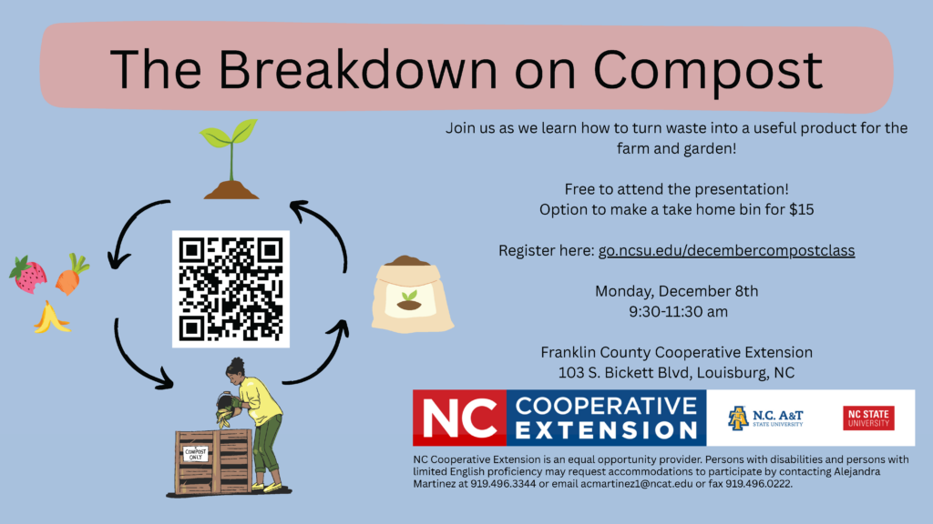 compost class date, time, location, registration info. flyer image of woman working at a compost bin and a plant